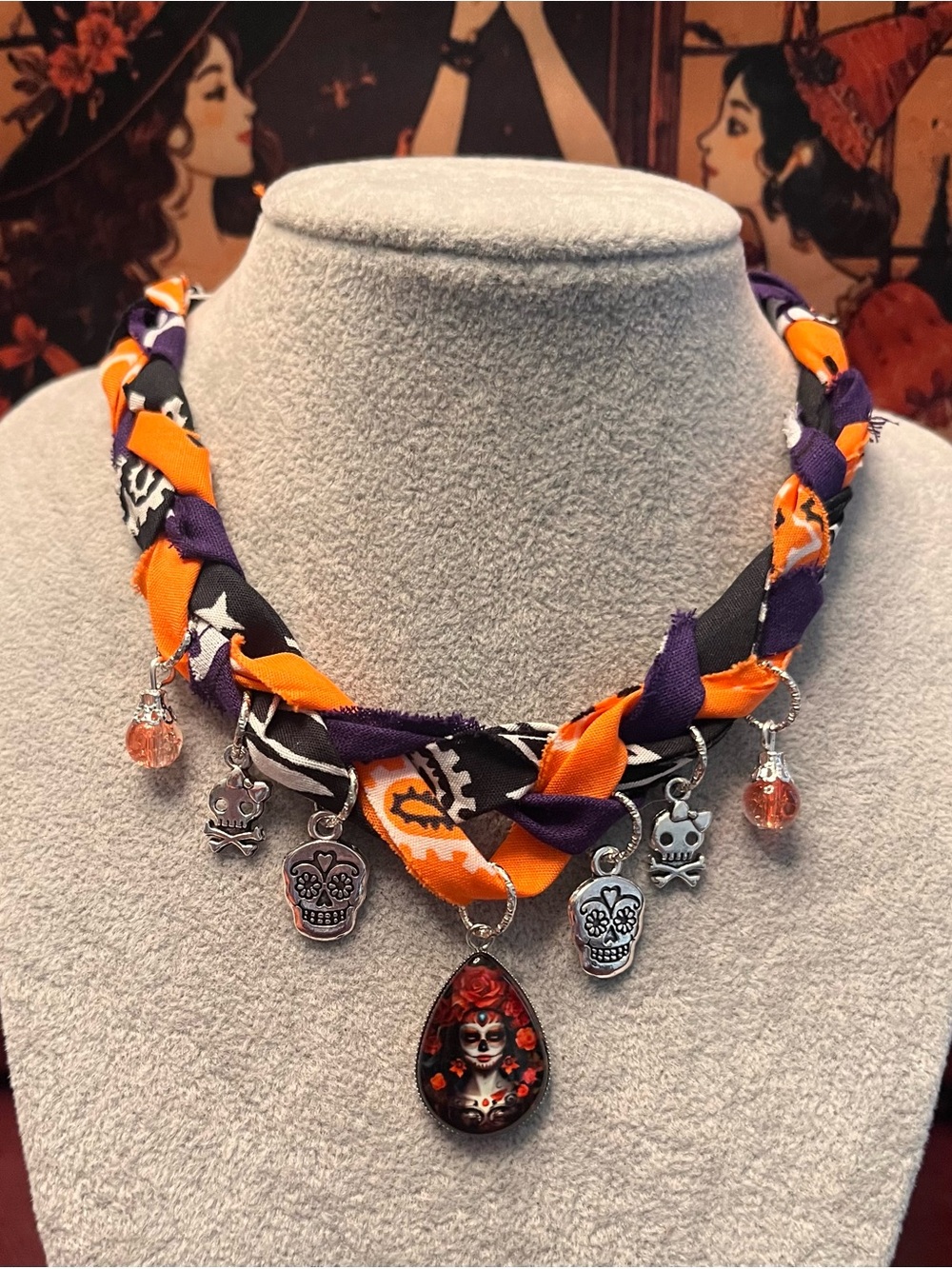 Day of the Dead Braided Charm Necklace on Orange, Purple and Black Bandana